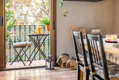 视图生活房间阳台表格时尚的装饰元素咖啡表格椅子橙色汁俯瞰树秋天景观奢侈品公寓概念