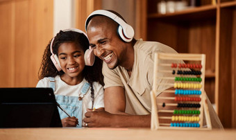 耳机首页教育父亲孩子视频调用数学学习教学支持在线类家庭爸爸女孩孩子电脑兴奋教学声音发展