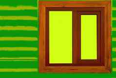 黄色的窗口木框架木墙绿色蓝色的日志木材
