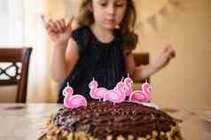 粉红色的火烈鸟蜡烛生日蛋糕模糊迷人的婴儿女孩使珍惜生日聚会，派对