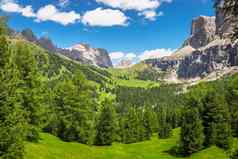 景观加迪纳通过sassolungo山丘白云石山脉春天意大利