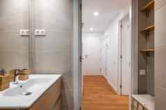 开放浴室水槽灰色的瓷砖镜子俯瞰大厅衣橱极简主义时尚的公寓概念简洁的设计酒店室内