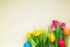 色彩斑斓的复活节鸡蛋花绿色草复活节鸡蛋消失光黄色的背景复活节假期蛋狩猎概念