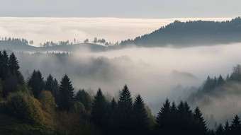 有雾的山冷杉森林雾多雾的树早....光