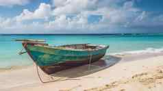 美丽的加勒比海船海岸异国情调的热带岛全景视图海滩