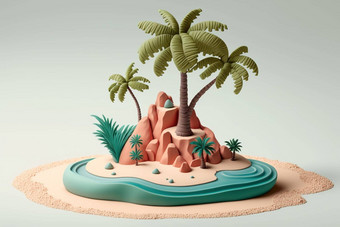 小孤立的岛棕榈树橡皮泥粘土面团风格旅行热带概念