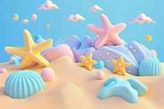 海滩场景背景海星贝壳橡皮泥粘土面团插图孩子们