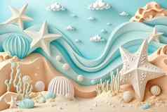 海滩场景背景海星贝壳橡皮泥粘土面团插图孩子们