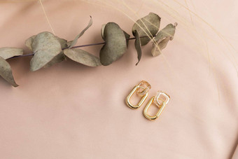 优雅的珠宝集黄金耳环干花背景珠宝集极简主义风格手工制作的珠宝概念