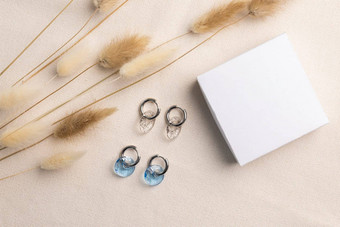 优雅的珠宝集银耳环宝石礼物盒子模拟复制空间珠宝集极简主义风格手工制作的珠宝概念