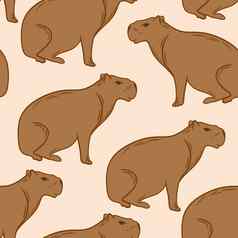手画无缝的模式可爱的水豚动物米色棕色（的）白色背景野生野生动物自然动物园动物学动物吉祥物啮齿动物轮廓毛茸茸的物种简单的极简主义行设计