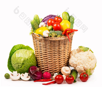健康的有机蔬菜木背景框架设计集合新鲜的蔬菜素食者饮食食物新鲜的蔬菜孤立的白色西红柿西兰花辣椒蘑菇产品有机市场