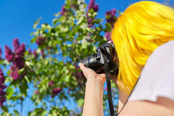 年轻的女人相机需要图片天空盛开的花淡紫色背景