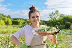 女人园丁农民篮子新鲜的绿色字符串豆子
