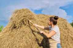 女人农民工作干草稻草