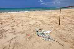 完美的空未遭破坏的海滩小桩垃圾纠结的塑料绳子细沙子平静海背景海洋乱扔垃圾概念卡尔帕斯北部塞浦路斯