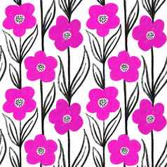 手画无缝的模式热粉红色的樱红色花黑色的叶子白色背景花黛西垂直行中期世纪现代风格植物装饰设计壁纸纺织开花布鲁姆打印