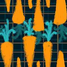 无缝的手画模式橙色胡萝卜黑暗格子有机健康的自然食物维生素素食者素食主义者烹饪设计插图纺织包装纸壁纸明亮的收获
