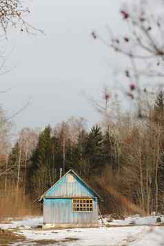 农村景观木房子森林雪覆盖小屋木房子春天