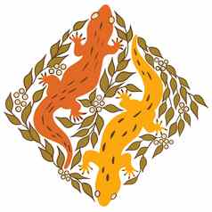 手画插图黄色的橙色壁虎蜥蜴复古的古董两栖动物动物中期世纪现代浆果叶子分支机构花背景时尚的自然主题