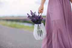 美丽的年轻的女人蓝色的衣服持有花束花薰衣草篮子走户外小麦场日落夏天普罗旺斯法国健美的图像复制空间