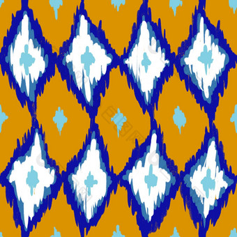 手画无缝的模式伊卡特少数民族传统的印尼织物打印蓝色的靛蓝黄色的芥末摘要几何条纹行设计中期世纪现代飞溅中风充满活力的打印菱形钻石形状