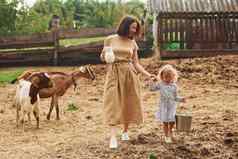 新鲜的自然牛奶年轻的妈妈。女儿农场夏季山羊