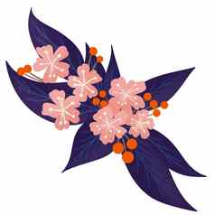 手画插图粉红色的花黑暗蓝色的叶子橙色浆果花花束夏天春天自然靛蓝树叶复古的古董植物艺术极简主义植物打印
