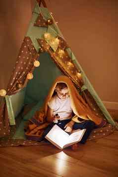 阅读书手电筒年轻的男孩休闲衣服说谎帐篷晚上时间