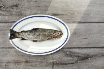 桌面视图生鳟鱼鱼白色椭圆形板蓝色的Rim太阳闪亮的一边灰色的木董事会桌子上