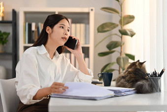 自信成人女金融顾问咨询客户端距离的远近移动电话调用坐着工作场所