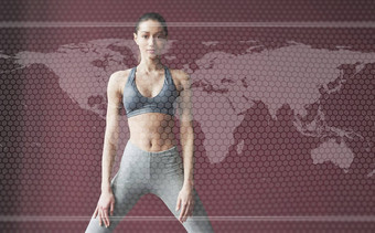 数字世界地图图片年轻的女人苗条的身体形状运动服装健身一天在室内