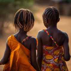非洲女孩国家衣服视图回来背景自然背景