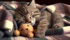 小猫睡觉泰迪熊