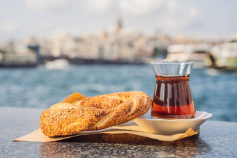 玻璃土耳其茶百吉饼simit金角湾伊斯坦布尔火鸡突厥语
