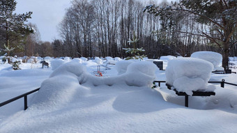 乌克兰传统的墓地雪冬天没有标记的不知名的墓碑十字架森林<strong>背景</strong>严重俄罗斯病房