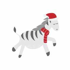 可爱的有趣的斑马马穿圣诞老人他圣诞节