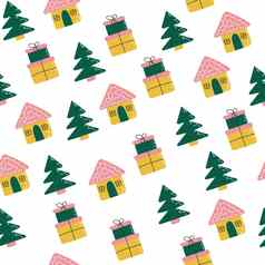无缝的模式冬天房子树礼物有创意的圣诞节向量