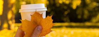 女人持有生态浪费白色纸杯复制空间模型秋天秋天的枫木黄色的叶杯<strong>茶</strong>咖啡热喝舒适的情绪休息假期咖啡打破生活方式