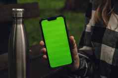 移动电话社会媒体绿色屏幕浓度关键可重用的钢热水瓶木板凳上可持续发展的生活方式塑料免费的浪费免费的生活绿色女人学生工作研究电话公园