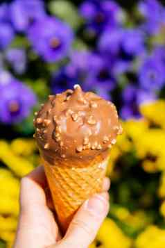 女手持有美味的美国香草巧克力冰奶油美味的自制的冰淇淋意式冰激凌华夫格锥谷蛋白免费的素食主义者乳制品免费的