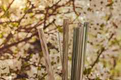 可重用的玻璃吸管自然背景绿色树叶春天花环保浪费塑料免费的概念可持续发展的生活方式野餐概念