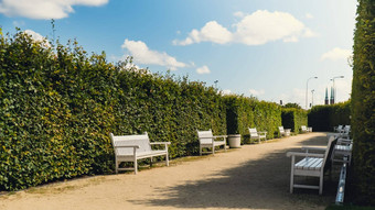 景观设计花园白色木板凳上城堡广场小镇波兰的资本视图花园皇家城堡华沙王宫公园旅游吸引力