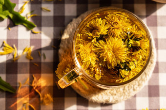 蒲公<strong>英花</strong>健康的茶玻璃杯表格Herbal医学美味的噻吩茶新鲜的黄色的开花蒲公<strong>英花</strong>内部茶杯绿色清算输液野花生态友好的有机