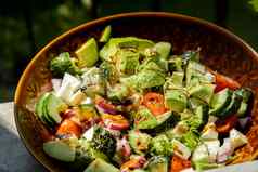 鳄梨混合蔬菜沙拉白天在户外新鲜的沙拉西红柿鳄梨生菜洋葱黄瓜健康的排毒食物概念生酮饮食