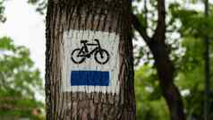 自行车路线标志树森林蓝色的路径骑自行车路标志森林树干蓝色的小道标记旅游小道