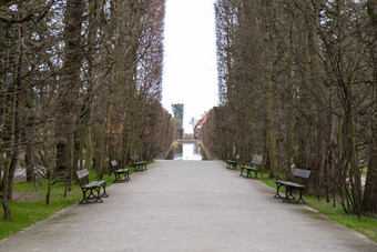 空木板凳上公园多云的一天秋天春天季节公共奥利维亚公园格但斯克波兰城市公园长椅风景景观城市花园街灯通路的角度来看视图城市景观背景空公共的地方绿色树