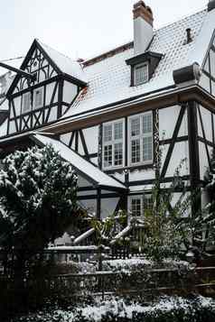 美丽的传统的国家房子冬天舒适的房子外观冬天场景格但斯克波兰雪下雪白雪覆盖的街