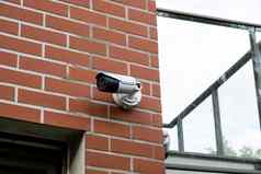 特写镜头安全相机私人建筑焦点安全中央电视台相机监控系统全景视图技术概念监测视频设备户外安全系统区域控制私人财产保护