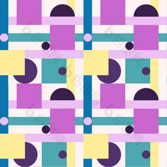 手画无缝的模式摘要几何风格紫色的蓝色的绿松石黄色的形状广场行圈中期世纪现代包豪斯打印海报壁纸装饰色彩斑斓的明亮的设计孟菲斯点缀